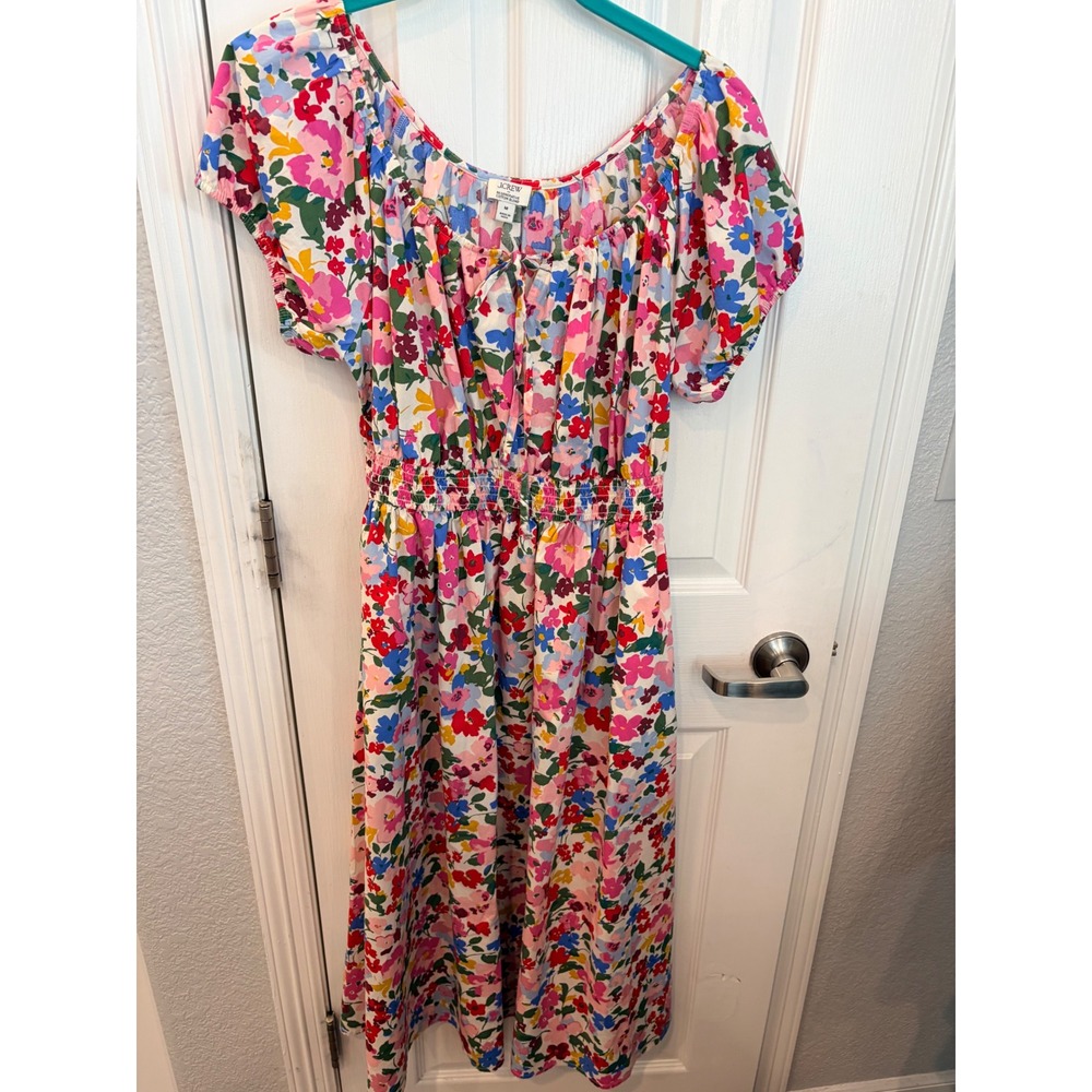 J.Crew Midi Dress Multi Color Floral Smocked Waist Cotton Blend Summer Sun